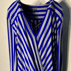 Vince Camuto Royal Blue and Gray Stripes Wrap Drape Blouse